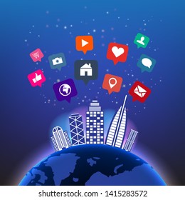 Abstract digital global technology in night sky with social media icons and building vector background.Network communications concept design view from space.