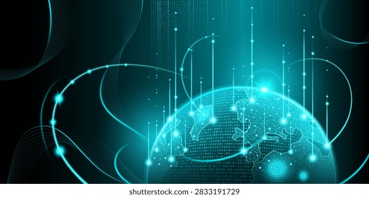 Abstract digital globe with connected nodes and neon network lines. 3d tech vector illustration of futuristic wireframe earth planet with glowing blue map and polygonal pattern, global data flow