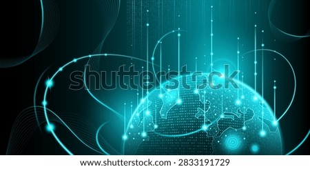Abstract digital globe with connected nodes and neon network lines. 3d tech vector illustration of futuristic wireframe earth planet with glowing blue map and polygonal pattern, global data flow