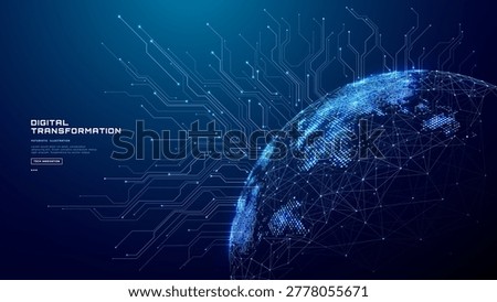 Abstract digital Globe Earth hologram with circuit board lines and connected dots. Digital or cyber transformation concept. Technology blue background. Tech world map. Futuristic vector illustration.