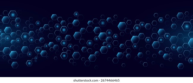 Abstractas hexágonos azules brillantes digitales para Tecnología o fondo de Ciencia. Telón de fondo cibernético de patrón de panal futurista para presentación de investigación médica o diseño biotecnológico. Ilustración vectorial.