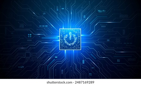 Abstract digital glowing innovation circuit on technology blue background. AI chip with power icon consist of light pixels. Circuit tech bg. Semiconductor or computer processor. Vector illustration. 