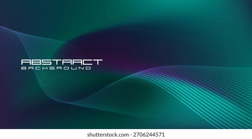 Abstractas fondo gráfico digital con delgadas líneas onduladas azul-verde que fluyen a través de un fondo azul oscuro-verde oscuro para crear una atmósfera profunda y moderna.