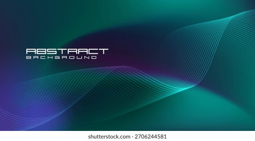 Abstrakter digitaler grafischer Hintergrund mit dünnen, grenzenlosen wellenförmigen Linien, die über einen dunkelgrünen und blauen Hintergrund fließen. Die fließenden Linien erzeugen Tiefe und Bewegung.