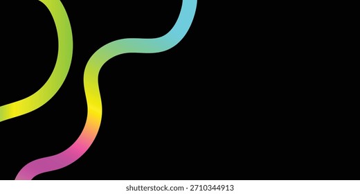 Un gráfico digital abstracto con dos líneas onduladas y fluidas con un vibrante degradado de colores del arco iris sobre un fondo negro sólido, creando un diseño minimalista.