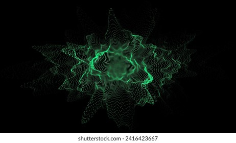 Abstract digital green circle wave on black background. Big data visualization. Analytics representation. Vector sphere with explosion of bright particles.