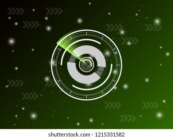 Abstract digital green radar screen over grid lines, elements with shapes. Circle, lines, square, dots and arrow. the aim on monitor. Circuit board background of  design element Vector illustration.