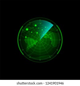 Abstract digital green radar screen square grid lines and map of the world. shapes. Circle, Lines, Dots and sonar color green. Technology Vector illustration.   