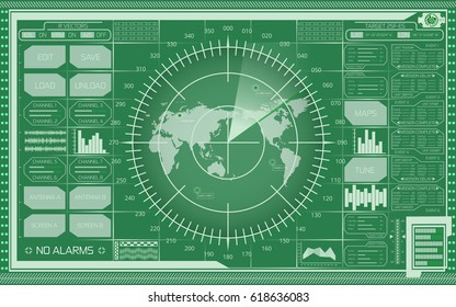 Abstract digital green radar screen with world map, targets and futuristic user interface