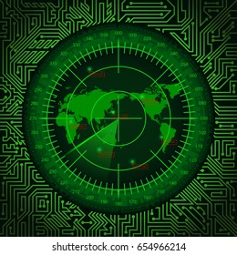 Abstract digital green radar screen with world map, targets and circuit board elements on dark background