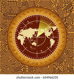 Abstract digital green radar screen with world map, targets and circuit board elements of brown, orange, and yellow shades