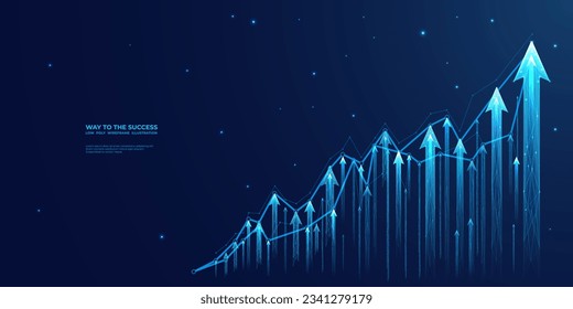 Abstract digital growing arrows up graph chart on technological blue low poly wireframe background. Boosting of business result concept. Polygonal finance glowing illustration. Success and Investment.