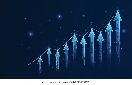 Abstract digital growing arrows up graph chart on technological blue low poly wireframe background. Boosting of business result concept. Polygonal finance glowing illustration. Success and Investment.