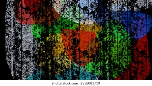 Abstract Digital Grunge Background with Vertical Distressed Lines and Overlapping Vibrant Color Shapes
