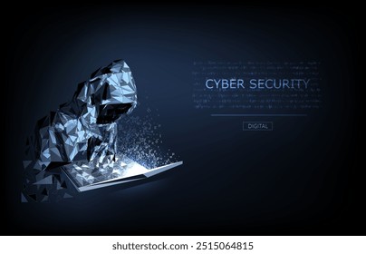 Resumo hacker digital. Cibersegurança. Um homem usando um capuz com um rosto escondido na frente de um computador. Ataque cibernético e hack de dados. Fraude cara. Ilustração em wireframe poligonal do vetor 3D.