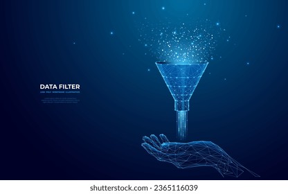 Mano digital abstracta sosteniendo un holograma de embudo. Concepto de macrodatos. Filtro de datos de tecnología. Flujo ligero de datos. Ilustración vectorial en el estilo futurista de alambre de polilla baja sobre fondo azul.
