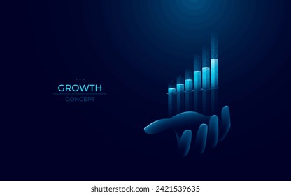 Abstract digital hand holding light blue growth up graph chart hologram. Investment and stock market. Business financial concept. Technology futuristic economy vector illustration on dark background.