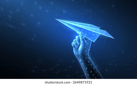 Abstract digital hand with paper plane. Dream symbol, leadership vision, creative idea, forward motion, future growth, business freedom, target throw, innovation launch. Plane or startup concept