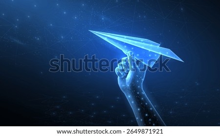 Abstract digital hand with paper plane. Dream symbol, leadership vision, creative idea, forward motion, future growth, business freedom, target throw, innovation launch. Plane or startup concept
