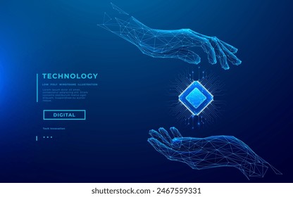 Manos digitales Abstractas que sostienen el holograma del chip del semiconductor AI 3D en el fondo azul de la tecnología. Microchip AI con Elementos de circuito. Alambre de manos humanas sosteniendo chip azul claro. Ilustración vectorial. 