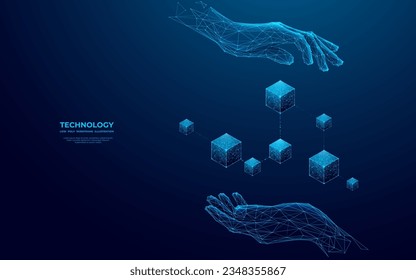 Abstract digital hands holding hologram of blockchain icon in futuristic low poly wireframe style. Virtual reality or metaverse concept on blue technology background. Polygonal 3D vector illustration 