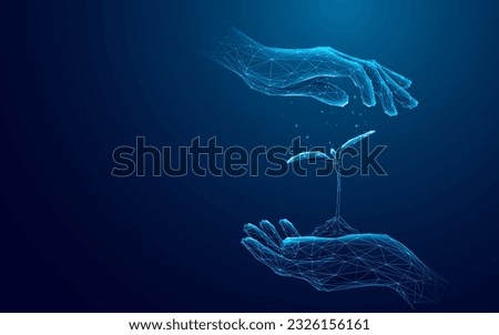 Abstract Digital Hands Protect a Sprout. The Human Covers the Plant with His Palms. Low Poly Wireframe Vector Illustration with 3D Effect. Conservationists Protect the Growing Tree.