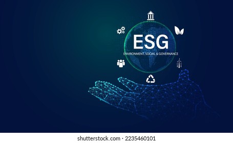 Resumen, manos digitales, alambres e íconos ESG, concepto de gobernanza ambiental, social y corporativa, concepto de desarrollo corporativo sostenible. Banner de solución de problemas y negocios sustentables