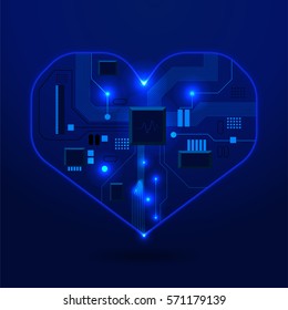 abstract digital heart mainboard background and sound wave icon