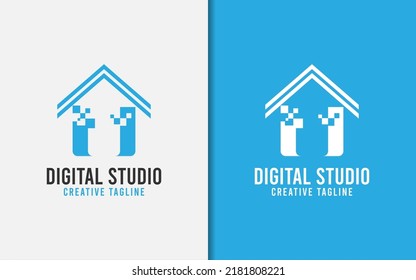 Abstract Digital House Logo Design with Minimalist Concept.