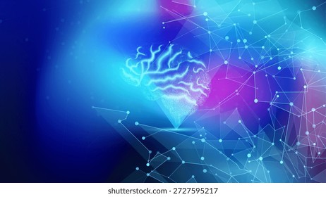 Abstrato cérebro humano digital feito de pontos e linhas brilhantes, conectados a nós de rede. Inteligência artificial futurista, ciência de dados e tecnologia de rede neural.