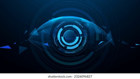 Abstract digital human eye. Cyber security technology. Low polygons, triangles, wireframes, and particle style