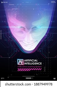 Abstract Digital Human Face. Robotics Concept. Big Data And Artificial Intelligence Concept. Human Head In Robot Digital Computer Interpretation. 