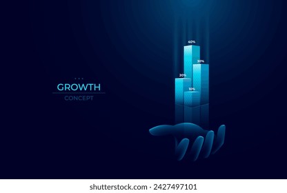 Abstract digital human hand holding 3D light blue growth graph chart with percentages over his palm. Business finance concept. Stock market and revenue increase vector illustration on tech background.