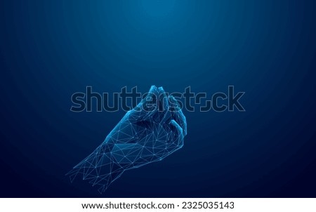 Abstract Digital Human Hand Holdings Something. Low poly Young Man or Woman Gesture on Blue Technology Background. Wireframe 3D vector illustration. Polygonal Fingers with Connected Glowing Dots.