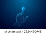 Abstract Digital Human Hand Touching on Glowing Dot. Low Poly Vector Illustration on Dark Blue Technological Background. Light Wireframe Connection Structure. Futuristic Technology Concept. 