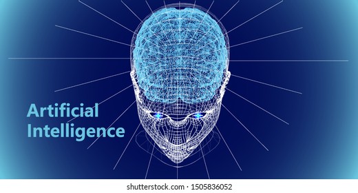 Abstract digital human head and brain. Artificial intelligence concept.  Robotic  wireframe head concept. Vector illustration.