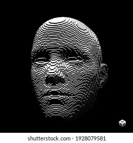 Abstract digital human head constructing from cubes. Minimalistic design for business presentations, flyers or posters. Technology and robotics concept. Voxel art. 3D vector illustration.