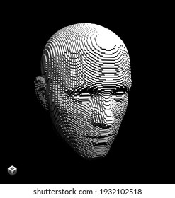 Abstract digital human head constructing from cubes. Minimalistic design for business presentations, flyers or posters. Technology and robotics concept. Voxel art. 3D vector illustration.