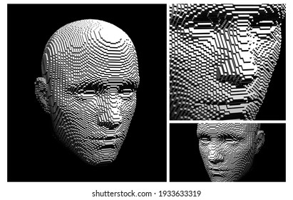 Abstract digital human head constructing from cubes. Minimalistic design for business presentations, flyers or posters. Technology and robotics concept. Voxel art. 3D vector illustration.