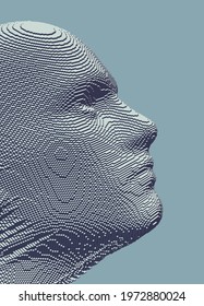 Abstract digital human head constructing from cubes. Minimalistic design for business presentations, flyers or posters. Technology and robotics concept. Voxel art. 3D vector illustration.