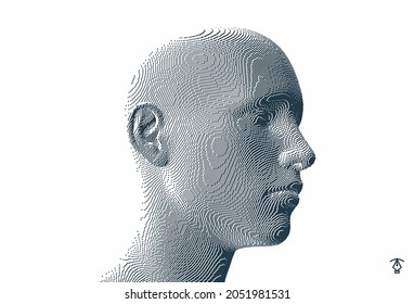 Abstract digital human head constructing from cubes. Minimalistic design for business presentations, flyers or posters. Technology and robotics concept. Voxel art. 3D vector illustration.