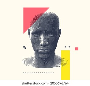 Abstract digital human head constructing from cubes. Minimalistic design for business presentations, flyers or posters. Technology and robotics concept. Voxel art. 3D vector illustration.