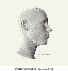 Abstract digital human head constructing from cubes. Minimalistic design for business presentations, flyers or posters. Technology and robotics concept. Voxel art. 3D vector illustration.