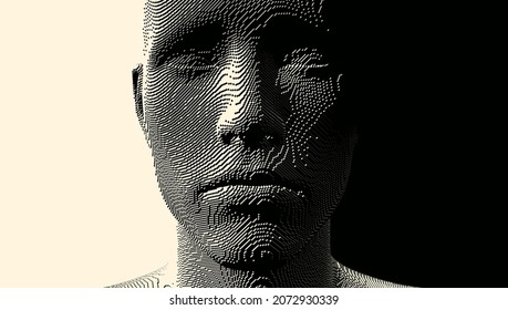 Abstract digital human head constructing from cubes. Minimalistic design for business presentations, flyers or posters. Technology and robotics concept. Voxel art. 3D vector illustration.