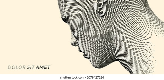 Abstract digital human head constructing from cubes. Minimalistic design for business presentations, flyers or posters. Technology and robotics concept. Voxel art. 3D vector illustration.