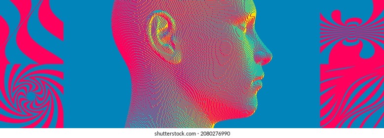 Abstract digital human head constructing from cubes. Cover design template. Geometric pattern. 3D vector illustration for brochure, poster, card, poster, presentation, flyer or banner.