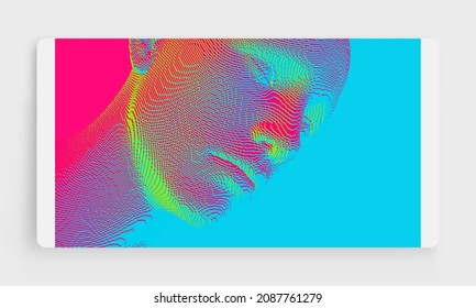 Abstract digital human head constructing from cubes. Minimalistic design for business presentations, flyers or posters. Technology and robotics concept. Voxel art. 3D vector illustration.