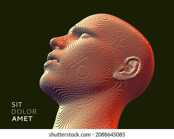 Abstract digital human head constructing from cubes. Minimalistic design for business presentations, flyers or posters. Technology and robotics concept. Voxel art. 3D vector illustration.
