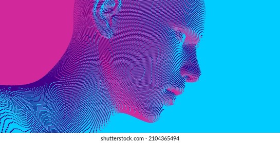 Abstract digital human head constructing from cubes  Minimalistic design for business presentations  flyers posters  Technology   robotics concept  Voxel art  3D vector illustration 