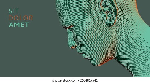 Abstract digital human head constructing from cubes. Minimalistic design for business presentations, flyers or posters. Technology and robotics concept. Voxel art. 3D vector illustration.